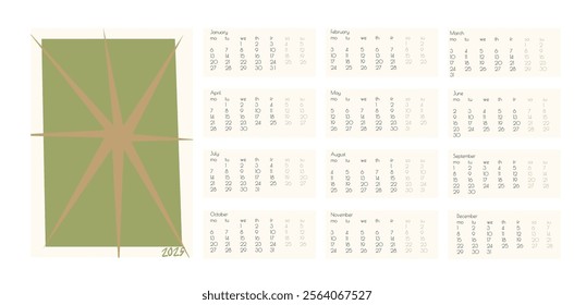 2025 Botanical Flower Doodles Vector Calendar. Brown Green Positive Daisy Art Deco Prints Year Planner with Abstract Print Modern Cartoon Flowers and Leaves Agenda. Abstract Summer Wall Planner.