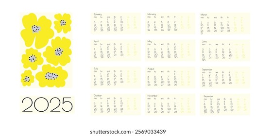 2025 Botanical Flower Doodles Vector Calendar. Abstract Summer Wall Planner. Blue, Yellow Red Positive Daisy Art Deco Prints. Summer Primitive Floral Design Modern Cartoon Flowers and Leaves Agenda.