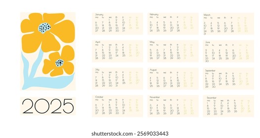 2025 Botanical Flower Doodles Vector Calendar. Positive Daisy Art Deco Prints. Summer Primitive Floral Design Blue, Yellow Red Modern Cartoon Flowers and Leaves Agenda. Abstract Summer Wall Planner.