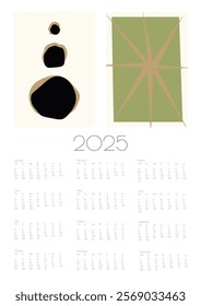 2025 Botanical Flower Doodles Vector Calendar. Brown Green Positive Daisy Art Deco Prints Abstract Summer Wall Planner. Modern Cartoon Flowers and Leaves Agenda. Year Planner with Abstract Print