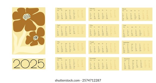 2025 Botanical Flower Doodles Vector Calendar. Positive Daisy Art Deco Prints. Summer Primitive Floral Design Modern Cartoon Flowers and Leaves Agenda. Gold Grey Abstract Summer Wall Planner.