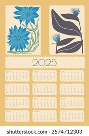 2025 Botanical Flower Doodles Vector Calendar. Red, Green Blue Abstract Summer Wall Planner. Positive Daisy Art Deco Prints. Summer Primitive Floral Design Modern Cartoon Flowers and Leaves Agenda.