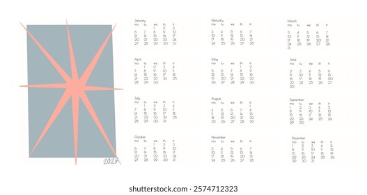 2025 Botanical Flower Doodles Vector Calendar. Brown Green Modern Cartoon Flowers and Leaves Agenda. Positive Daisy Art Deco Prints Abstract Summer Wall Planner. Year Planner with Abstract Print