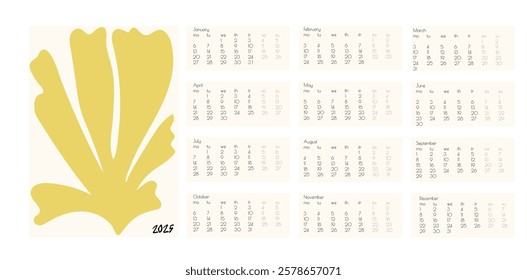 2025 Botanical Flower Doodles Vector Calendar. Brown Green Year Planner with Abstract Print Abstract Summer Wall Planner. Positive Daisy Art Deco Prints Modern Cartoon Flowers and Leaves Agenda.