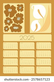 2025 Botanical Flower Doodles Vector Calendar. Gold Grey Modern Cartoon Flowers and Leaves Agenda. Abstract Summer Wall Planner. Positive Daisy Art Deco Prints. Summer Primitive Floral Design