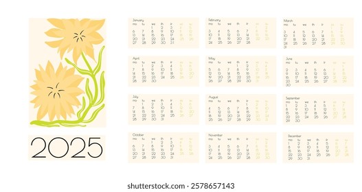 2025 Botanical Flower Doodles Vector Calendar. Abstract Summer Wall Planner. Positive Daisy Art Deco Prints. Summer Primitive Floral Design Blue, Green Orange Modern Cartoon Flowers and Leaves Agenda.