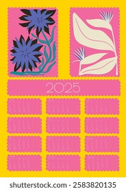 2025 Botanical Flower Doodles Vector Calendar. Positive Daisy Art Deco Prints. Summer Primitive Floral Design Abstract Summer Wall Planner. Red, Green Blue Modern Cartoon Flowers and Leaves Agenda.