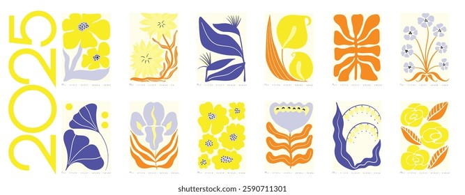 2025 Botanical Flower Doodles Vector Calendar. Modern Cartoon Flowers and Leaves Agenda. Blue, Yellow Red Positive Daisy Art Deco Prints. Summer Primitive Floral Design Abstract Summer Wall Planner.