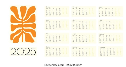 2025 Botanical Flower Doodles Vector Calendar. Modern Cartoon Flowers and Leaves Agenda. Positive Daisy Art Deco Prints. Summer Primitive Floral Design Blue, Yellow Red Abstract Summer Wall Planner.