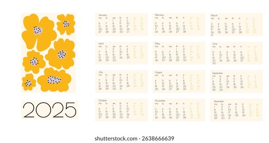 2025 Botanical Flower Doodles Vector Calendar. Blue, Green Orange Positive Daisy Art Deco Prints. Summer Primitive Floral Design Abstract Summer Wall Planner. Modern Cartoon Flowers and Leaves Agenda.