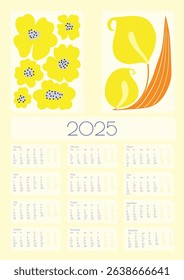 2025 Botanical Flower Doodles Vector Calendar. Positive Daisy Art Deco Prints. Summer Primitive Floral Design Blue, Yellow Red Abstract Summer Wall Planner. Modern Cartoon Flowers and Leaves Agenda.