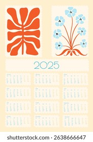 2025 Botanical Flower Doodles Vector Calendar. Positive Daisy Art Deco Prints. Summer Primitive Floral Design Abstract Summer Wall Planner. Blue, Yellow Red Modern Cartoon Flowers and Leaves Agenda.