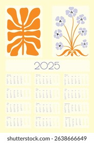 2025 Botanical Flower Doodles Vector Calendar. Abstract Summer Wall Planner. Positive Daisy Art Deco Prints. Summer Primitive Floral Design Modern Cartoon Flowers and Leaves Agenda. Blue, Yellow Red