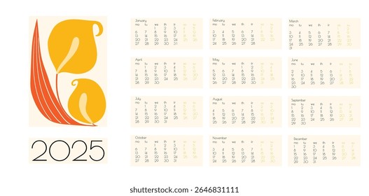 2025 Botanical Flower Doodles Vector Calendar. Blue, Yellow Red Abstract Summer Wall Planner. Positive Daisy Art Deco Prints. Summer Primitive Floral Design Modern Cartoon Flowers and Leaves Agenda.