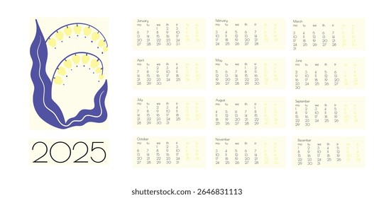 2025 Botanical Flower Doodles Vector Calendar. Positive Daisy Art Deco Prints. Summer Primitive Floral Design Abstract Summer Wall Planner. Modern Cartoon Flowers and Leaves Agenda. Blue, Yellow Red