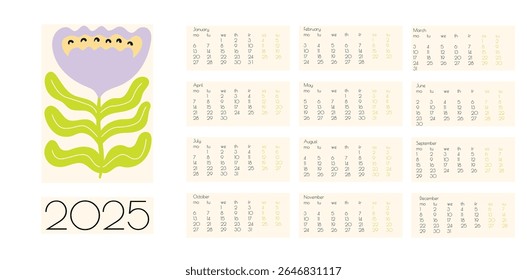 2025 Botanical Flower Doodles Vector Calendar. Modern Cartoon Flowers and Leaves Agenda. Positive Daisy Art Deco Prints. Summer Primitive Floral Design Abstract Summer Wall Planner. Blue, Green Orange