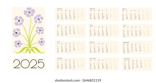 2025 Botanical Flower Doodles Vector Calendar. Abstract Summer Wall Planner. Modern Cartoon Flowers and Leaves Agenda. Positive Daisy Art Deco Prints. Summer Primitive Floral Design Blue, Green Orange