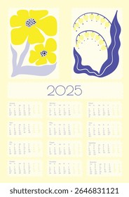 2025 Botanical Flower Doodles Vector Calendar. Blue, Yellow Red Abstract Summer Wall Planner. Positive Daisy Art Deco Prints. Summer Primitive Floral Design Modern Cartoon Flowers and Leaves Agenda.