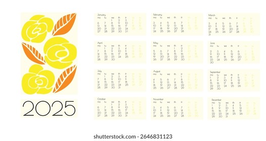 2025 Botanical Flower Doodles Vector Calendar. Blue, Yellow Red Modern Cartoon Flowers and Leaves Agenda. Abstract Summer Wall Planner. Positive Daisy Art Deco Prints. Summer Primitive Floral Design