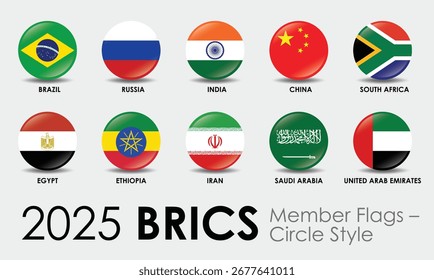 2025 Banderas de miembros de los BRICS mostradas en forma de círculo mostrando banderas de Brasil Rusia India China Sudáfrica Egipto Etiopía Irán Arabia Saudita