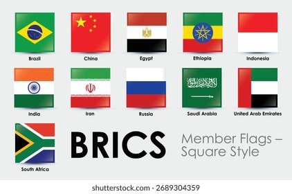 2025 BRICS member flags displayed square style showcasing flags of Brazil Russia India China South Africa Egypt Ethiopia Iran Saudi Arabia