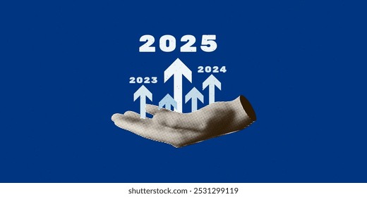 2025 business growth targets concept art collage. Mão de meio-tom segurando o gráfico de seta ascendente. Ilustração moderna moderna vetor retro