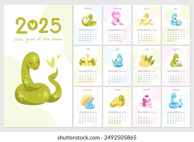 2025 calendar. 12 months with 12 cartoon snakes characters. Vector set illustrations