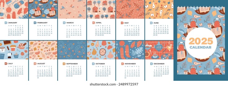 Calendario 2025 con diseño de hojas de 12 meses. Vertical a4 Plantilla tamaño a3. Cuatro estaciones de la naturaleza lindos patrones acogedores. Sentimiento natural. Ilustración vectorial en estilo de dibujos animados planos. La semana comienza el domingo.