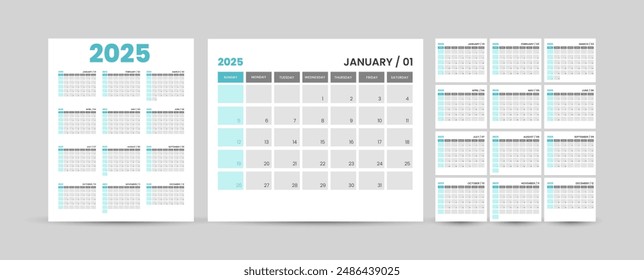 2025 Calendar. 12 Pages for 2025 Monthly Calendar Template and one page wall calendar template. Clean and Simple Design ready to print. 2025 Wall and office desk Planner Calendar.