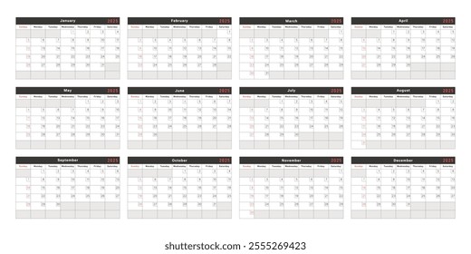 2025 calendar with 12-month sheet design. Week starts on Sunday. Desk calendar 2025 design. Vector illustration