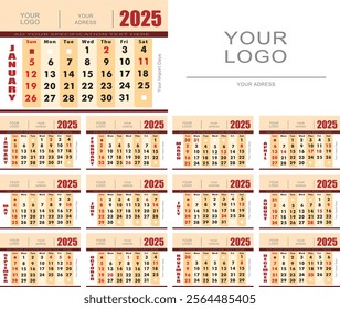 2025 calendar 9 x 6 inch standard EPS format. The design follows a tabletop calendar format