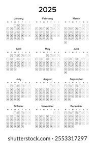 Calendario 2025 con los 12 meses en un diseño limpio y mínimo. Diseño de cuadrícula con fines de semana resaltados. Perfecto para la planificación y decoración en formatos digitales o impresos.