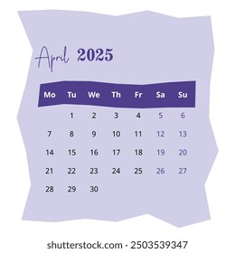 2025 Calendar: April Page on White Background. Minimalist Layout for Clear and Organized Planning. Ideal for Professional Use.