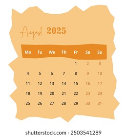 2025 Calendar: August Page on White Background. Minimalist Layout for Clear and Organized Planning. Ideal for Professional Use.