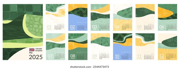 2025 calendar beautiful design with watercolor illustration of rice field, tea plantation, hills. Abstract patterns, Japanese aesthetic. Vertical wall kalendar template. Week starts on Monday. A4, A5