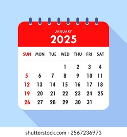 2025 calendar binding icon on blue background vector illustration. Business organizer symbol with long shadow