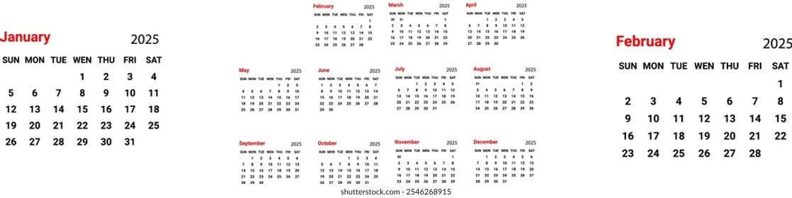 2025 Calendar. Blank Calendar Template. Fits Letter Size Page. Stationery Design