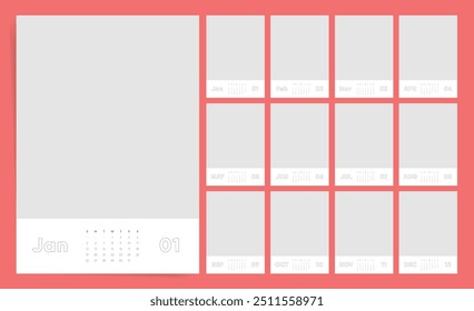 Calendario 2025. Diseño rojo atrevido con diseño mensual Grande y estilo minimalista.