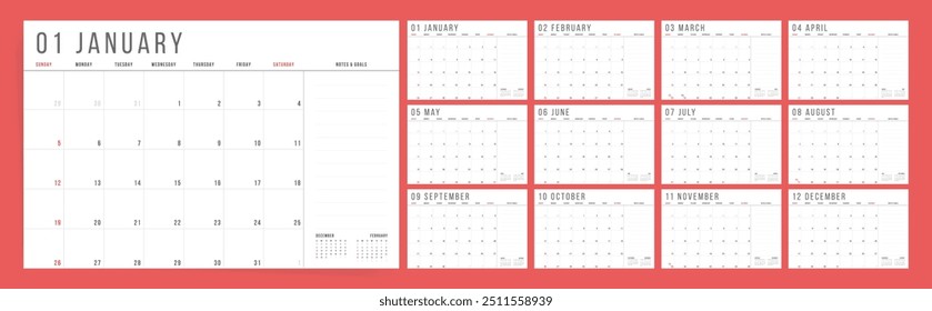 2025 Calendar. Bold Red and White Monthly Planner with Notes and Goals Section.