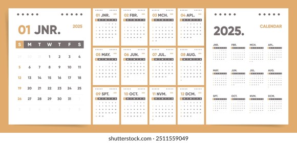 Calendário de 2025. Tipografia em negrito Design mensal com semana começando no domingo.