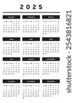 2025 Calendar with Boxes in Black and White Colors 4 Columns - English