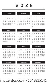 Calendario 2025 con cajas en Colores blancos y negros 4 columnas - Francés
