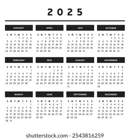 Calendario 2025 con cajas en Colores blancos y negros 4 columnas - Inglés