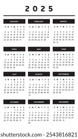 Calendario 2025 con cajas en Colores blancos y negros 4 columnas - Inglés