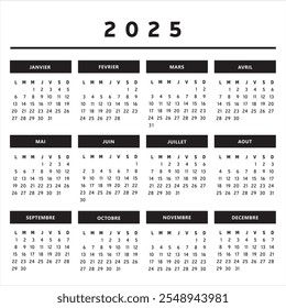 2025 Calendar with Boxes in Black and White Colors 4 Columns - French