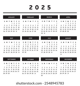 Calendário 2025 com caixas em preto e branco cores 4 colunas - Inglês