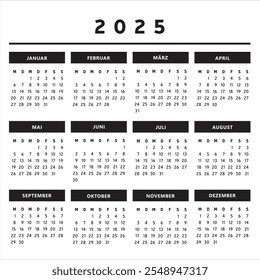 2025 Calendar with Boxes in Black and White Colors 4 Columns - German