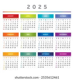 2025 Calendar with Boxes in Rainbow Colors 4 Columns - English