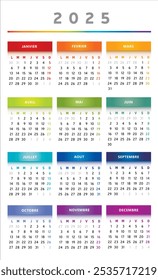 2025 Calendar with Boxes in Rainbow Colors 4 Columns - French