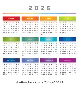 2025 Calendar with Boxes in Rainbow Colors 4 Columns - French